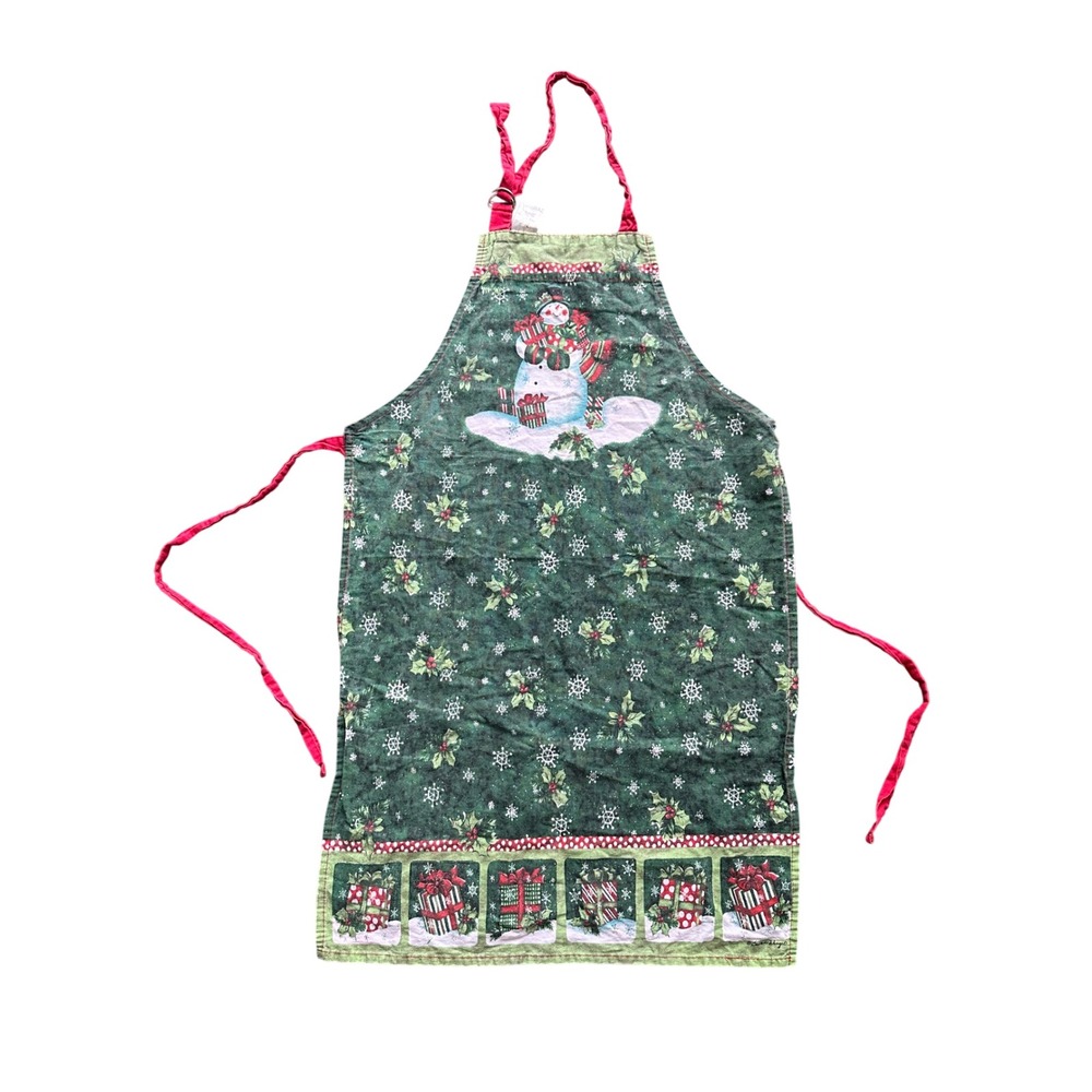 Susan Winget Christmas Snowman Apron Green Holiday Snowflake Holly Print Bib
